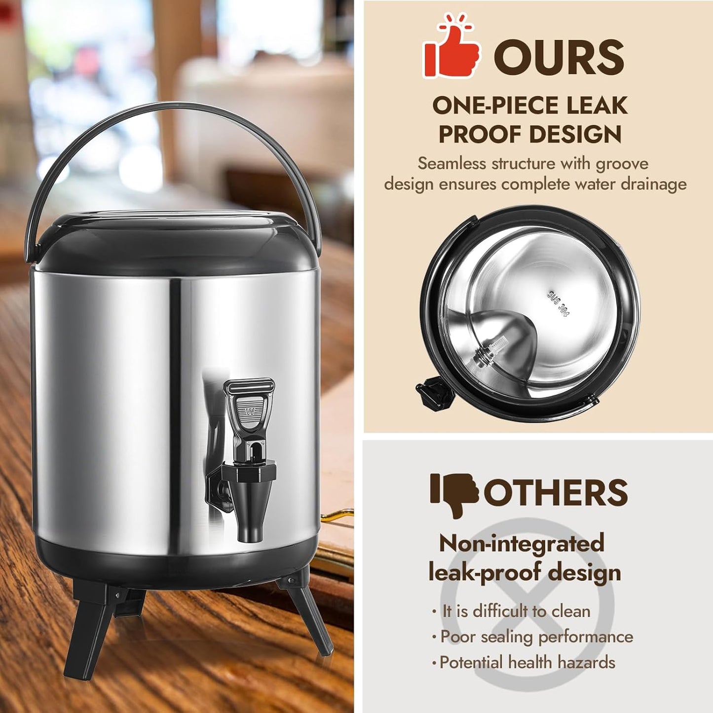 Insulated Beverage Dispenser, Thermal Hot Beverage Dispenser, Stainless Steel Hot Beverage Dispense, Hot Coffee Dispenser with Spigot for Coffee Hot tea,Cold Milk,Water,Juice 6L (Non-electric)