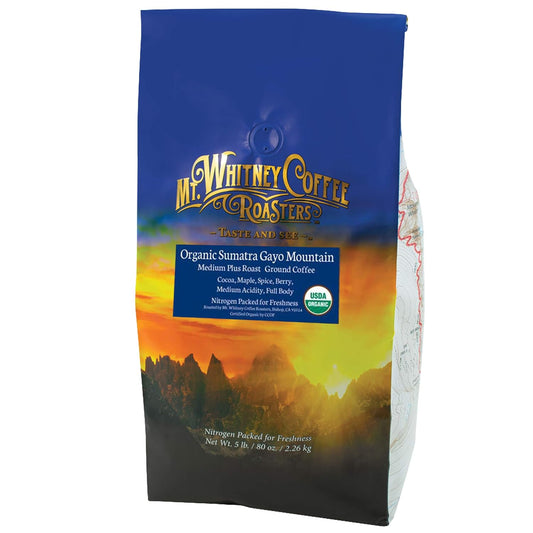 Mt. Whitney Organic Gayo Mountain Sumatra, Medium Dark Roast, Low Acid Coffee (Ground, 5 Lb)