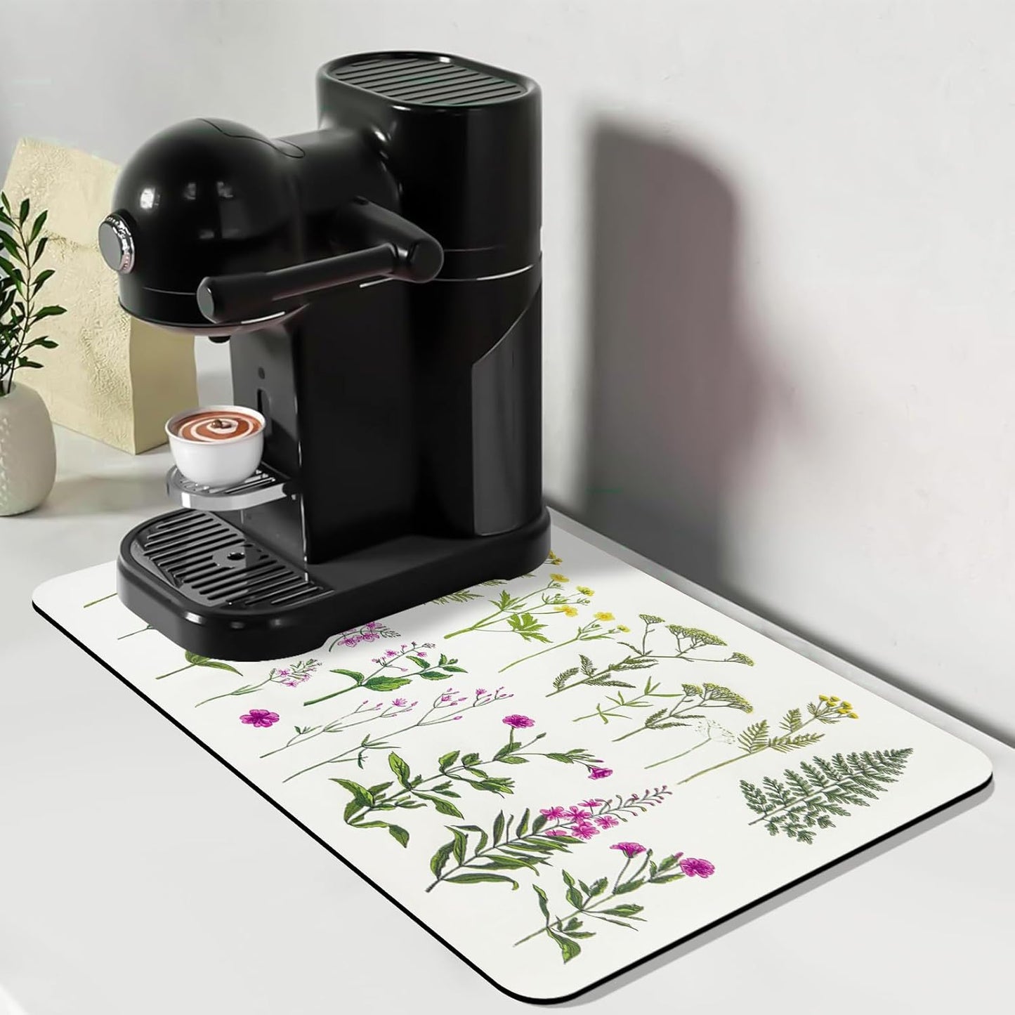 Bloss Kitchen Mat, Coffee Mat 12"x19", Coffee Bar/Maker Mat, Kitchen Counter Mats, Absorbent Hide Stain Rubber Backed Dish Drying Pad(, Flowers and Leaves)