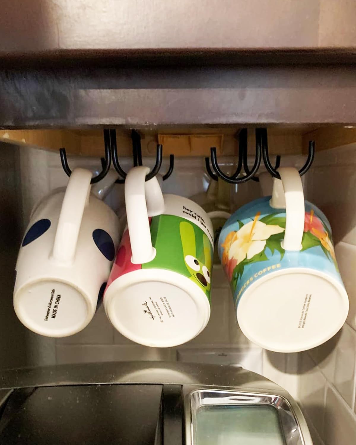 Mug Rack Under Cabinet 12 Mug Hooks Coffee Cup Holder Under Shelf Display Hanging Cups Organizer Hanger for Bar Kitchen Utensils - Black