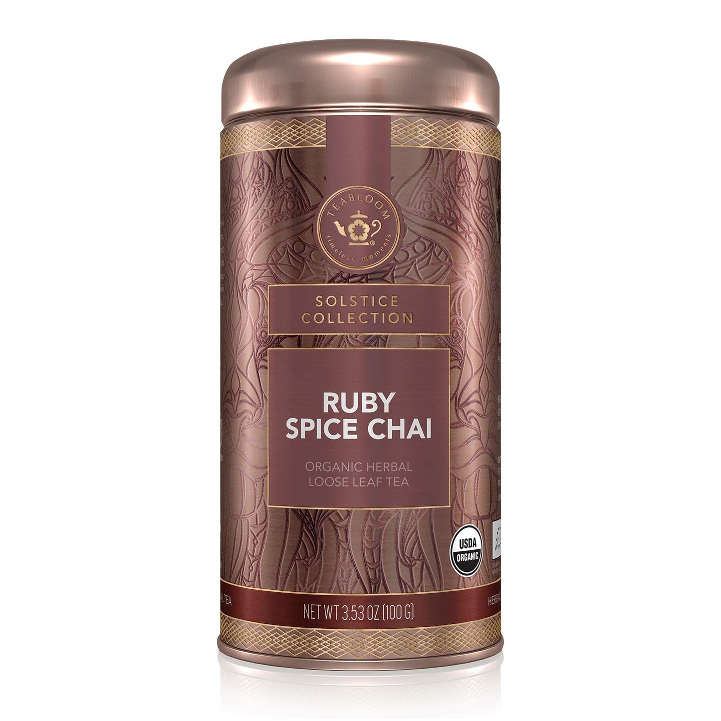 Teabloom Organic Herbal Tea, Ruby Spice Chai Loose Leaf Tea, Spicy and Rich Rooibos Chai with No Caffeine, USDA and EU Certified Organic, Fresh Whole Leaf Blend in Reusable Gift Canister, 3 oz/85 g Canister Makes 35-50 Cups