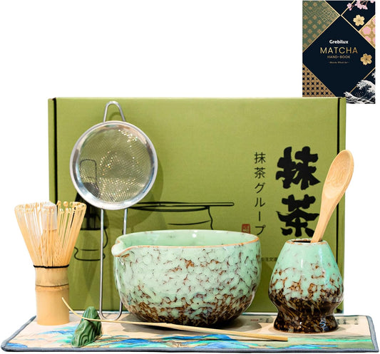 Matcha Whisk Set, Ceramic Matcha Set Includes Matcha Bowl, Whisk & Holder, Scoop, Sifter, Spoon, Scoop Rest, Tea Mat, Hand Book - 9 Pcs Kit for Matcha Lovers (Green)