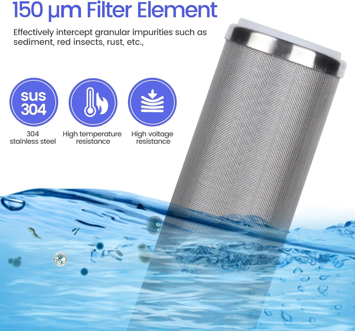 Amwater Stainless Steel Cleanable Wire Mesh Filter Cartridge 10”Length,2.5"OD(150 Micron)