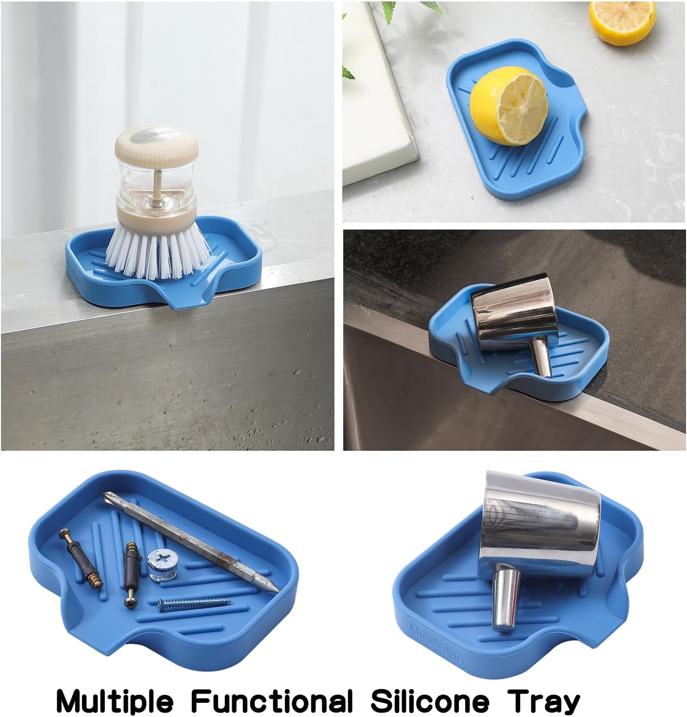 Silicone Bathroom Soap Dishes with Drain Spout-Bathroom and Kitchen Sink Organizer,Sponge Holder,Dish Soap Tray,Perfect for Dispenser,Scrubber,Bottle,Cup on Counter Lichen Blue 4.9"×3.2"