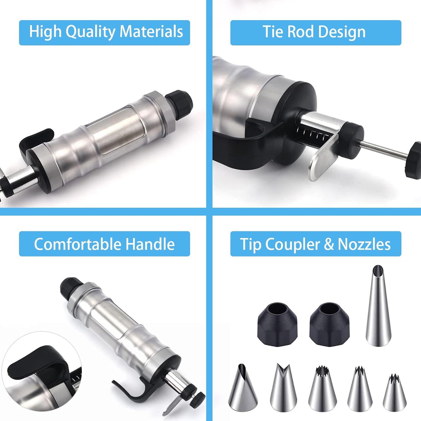 FANTEXY Dessert Decorating Syringe Set, Icing Piping Kit Stainless Steels Cake Decorating Tools 6 Piping Icing Nozzles Cupcake Decorating Kit