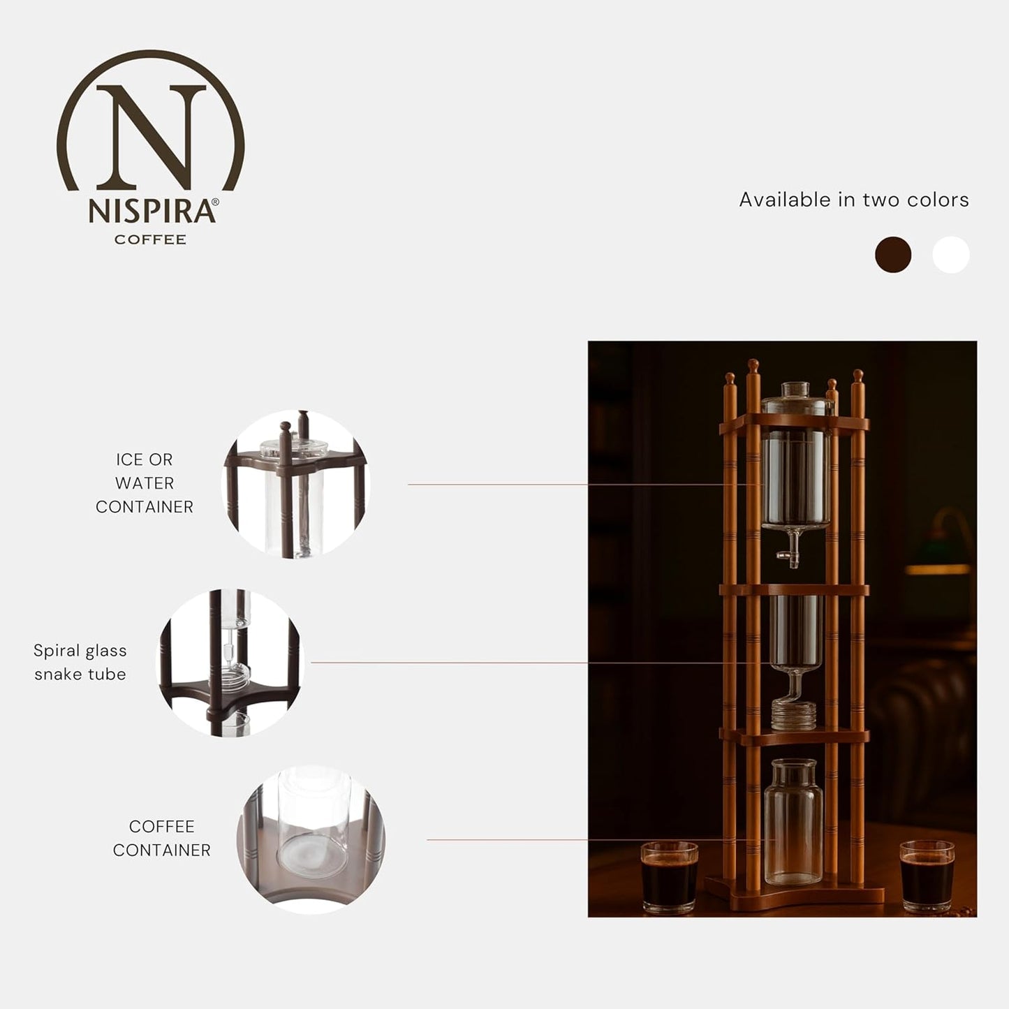 Nispira Cold Brew Drip Tower Iced Coffee Maker Glass Wooden Stand 25 Cups