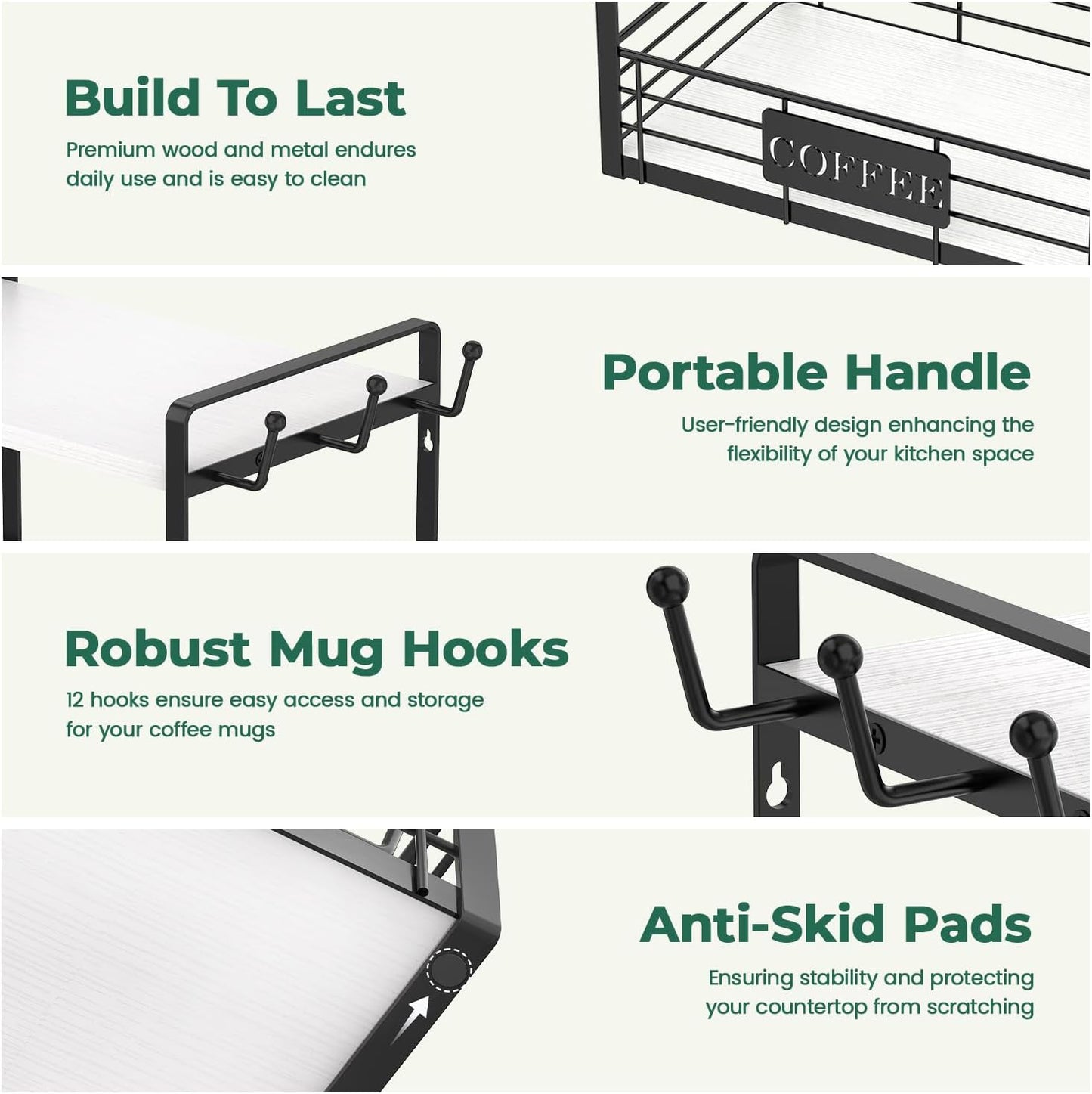 EsLuker.ly Coffee Mug Cup Holder Tree Bar Station Organizer, 2 Tier Mug Stand Rack for Countertop Kitchen, Storage Tower Display Shelf with 12 Hooks, Coffee Nook Enhancer, White-Black