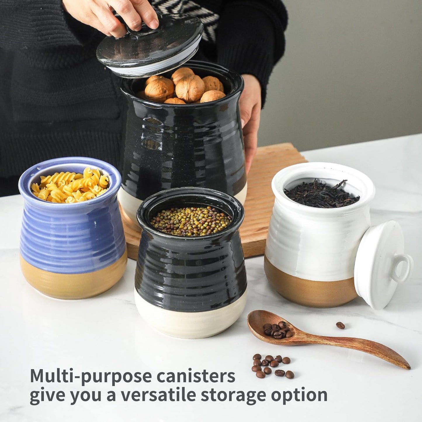 Hasense Ceramic Kitchen Canister, 75 OZ Coffee Canister with Lid, Airtight Food Storage Jar for Coffee Bean, Nuts, Candy, Spice, Flour and Herb, Large Food Container, Kitchen Decor, Black