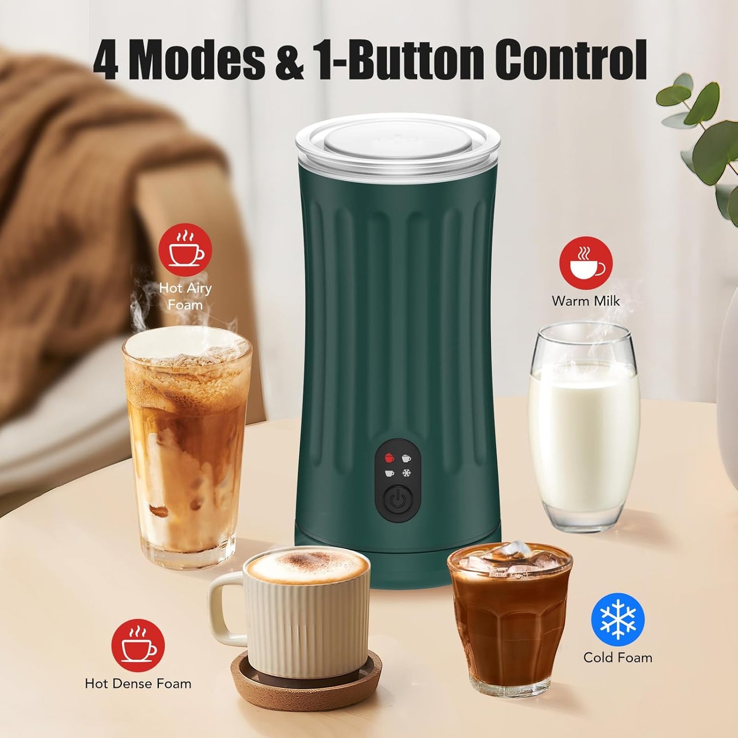 Milk Frother, Upgraded 4-in-1 Milk Frother and Steamer, Hot and Cold Foam Maker and Milk Warmer with Temperature Control & Auto Shut-Off, Frother for Coffee, Latte, Cappuccino, Matcha(Green)