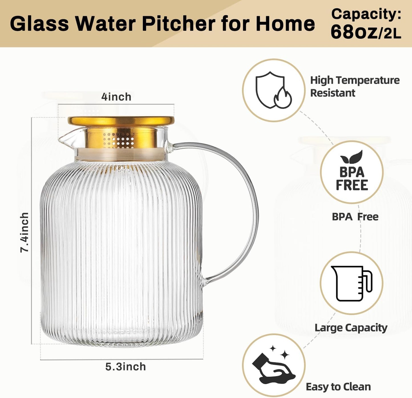 2 Liter 68 Ounces Glass Pitcher with Lid and Spout, Large Vertical Stripes Water Pitcher ribbed Borosilicate Glass Fridge Water Carafe for Cold Brew, Coffee, Lemonade, Sun Tea,Heat Resistant