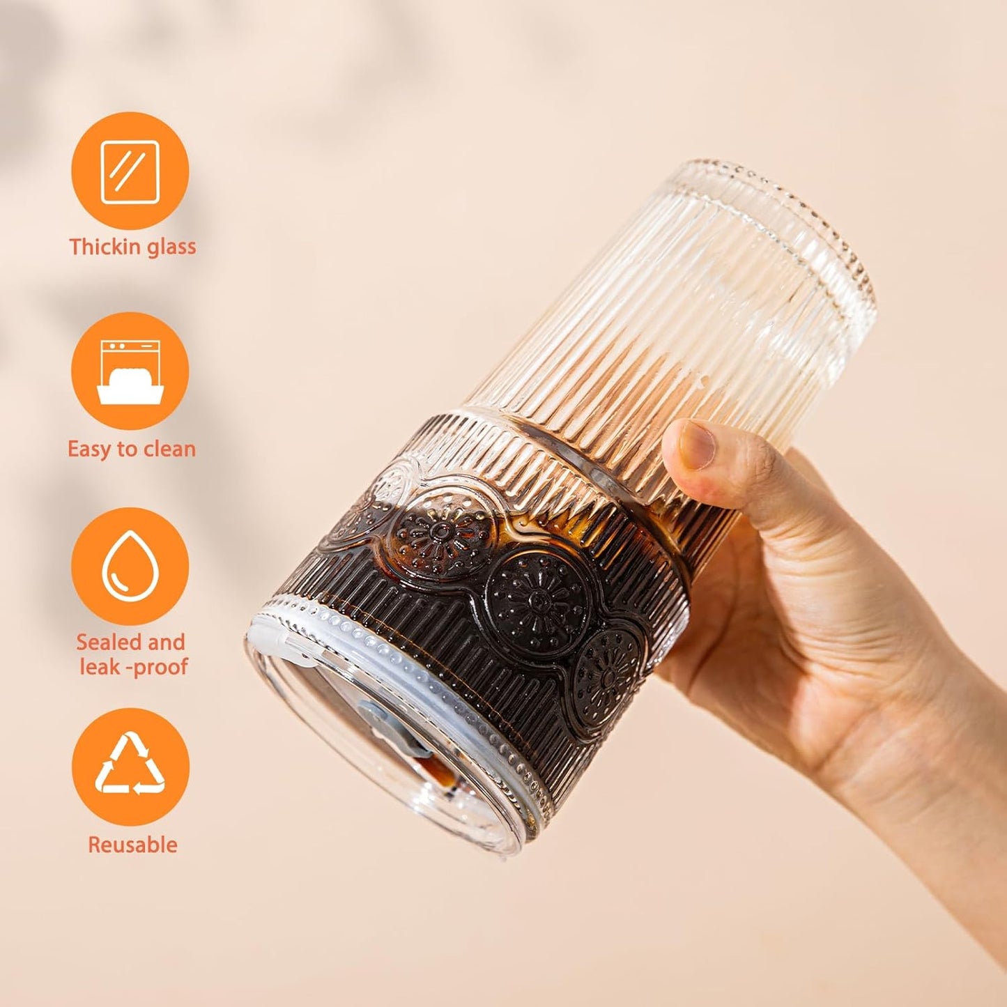 20oz Ribbed & Floral Glass Tumbler Set of 2 – Reusable Glass Cups with Lid and Glass Straw, To-Go Iced Coffee Cups for Water, Smoothie, Milk, Cocktail & More – Perfect for Daily Use & Travel