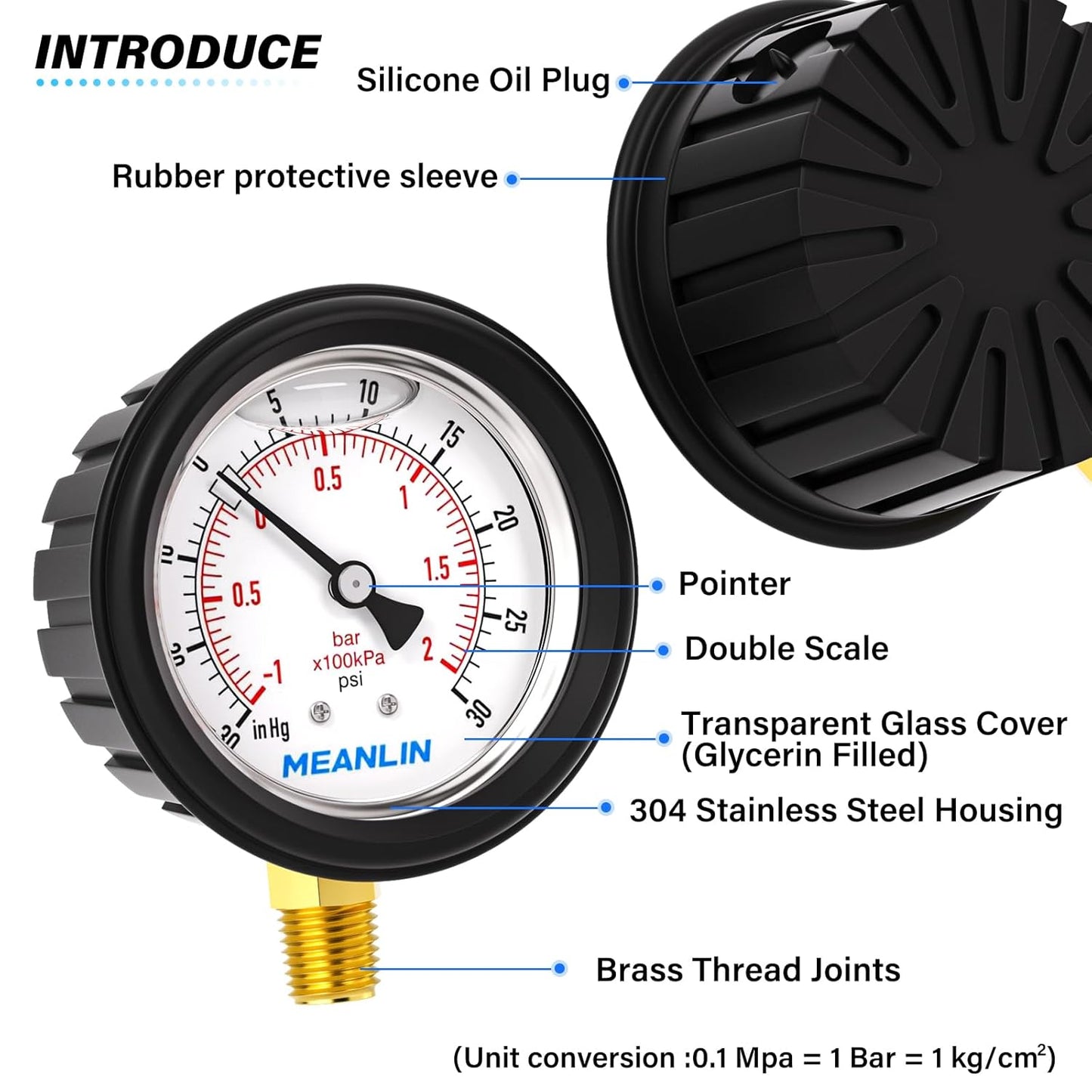 MEANLIN MEASURE -30inHG~30Psi Stainless Steel 1/4" NPT 2.5" FACE DIAL Vacuum Pressure Gauge, Lower Mount (with Rubber Protective Sleeve), with 1/2" NPT and 3/8" NPT Hex Bushing