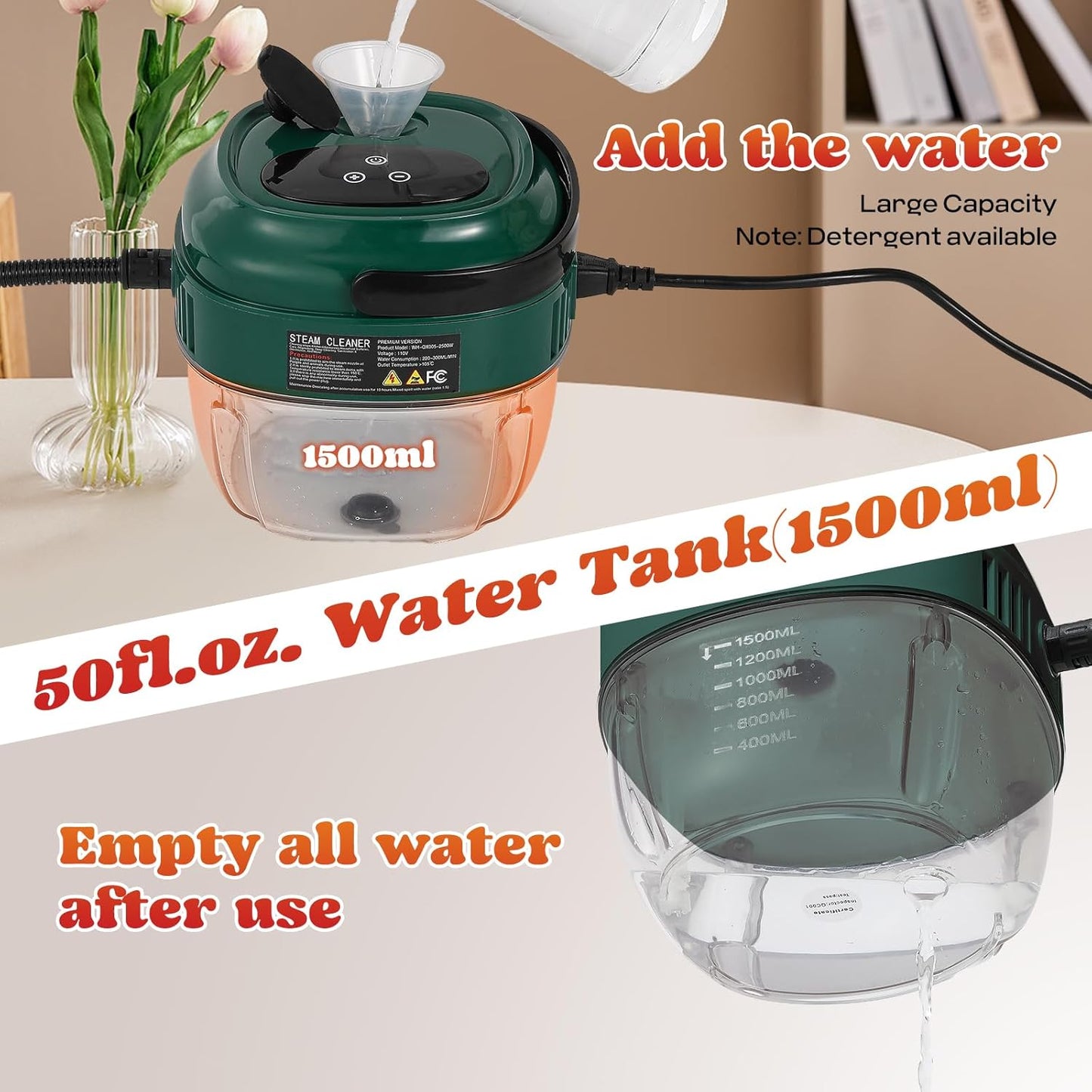 Moongiantgo Handheld Steam Cleaner 2500W High Pressure 1.5L Steamer for Cleaning, Portable Steam Cleaner for Home Kitchen Bathroom, Steam Cleaner for Car Detailing Grout Tile (Army Green)