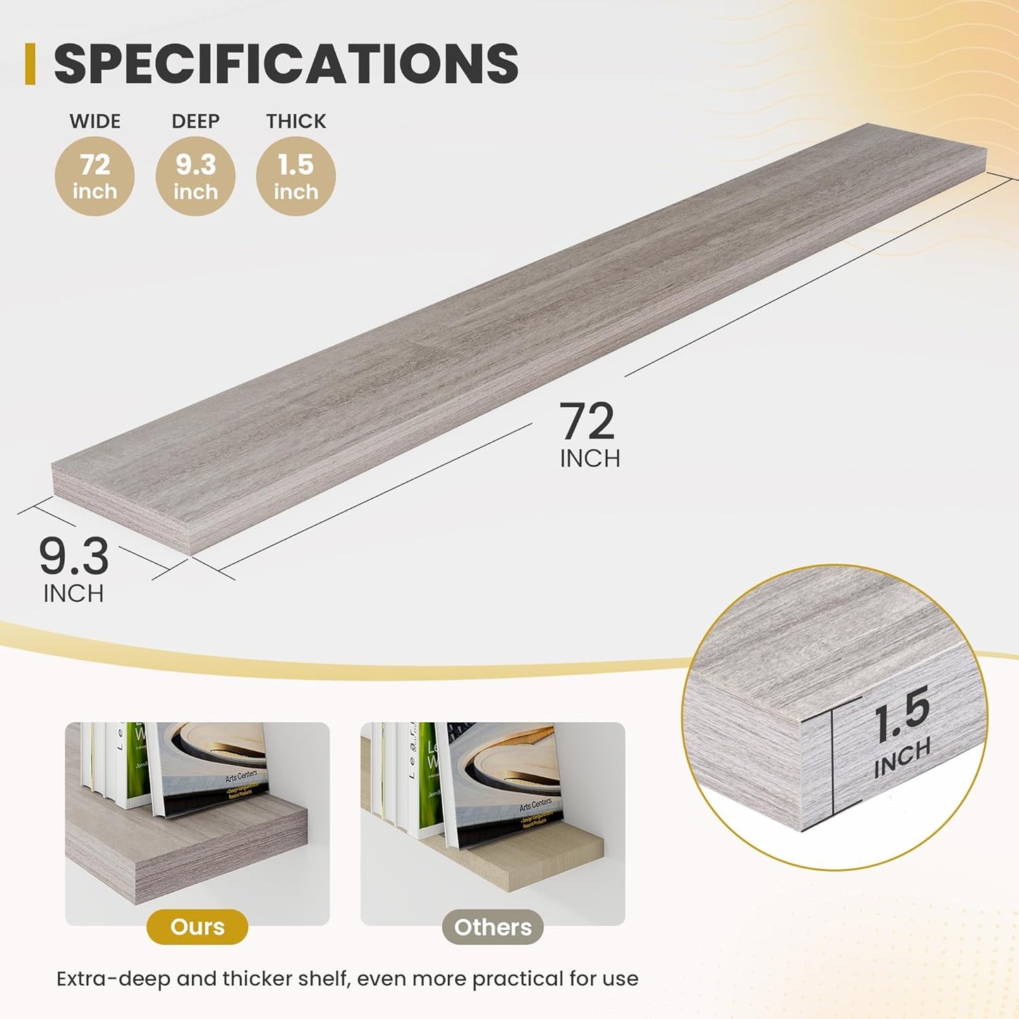 72 Inch Floating Shelves, 9.3" Deep Floating Shelf Wall Mounted, 72" Wall Shelves, Rustic Deep Bookshelf, Large Display Shelves & Storage Shelves for Bedroom, Living Room, Grey, Set of 1