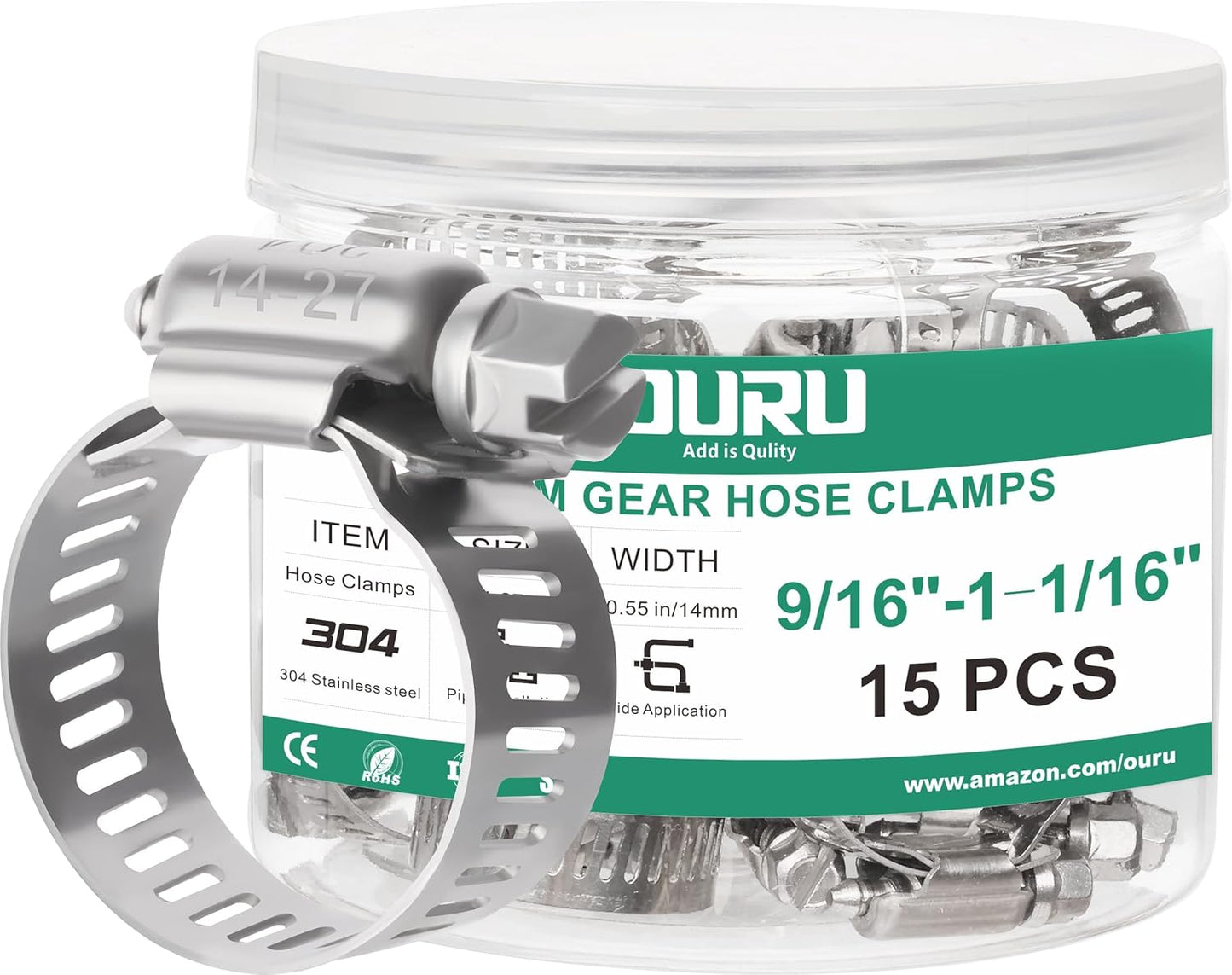 15PCS Hose Clamps Stainless Steel Adjustable 9/16"– 1-1/16"(14-27mm) Worm Gear Hose Clamp, Heavy Duty Metal Small Hose Clamps for Automotive, Pipe, Radiator Plumbing, Fuel Line