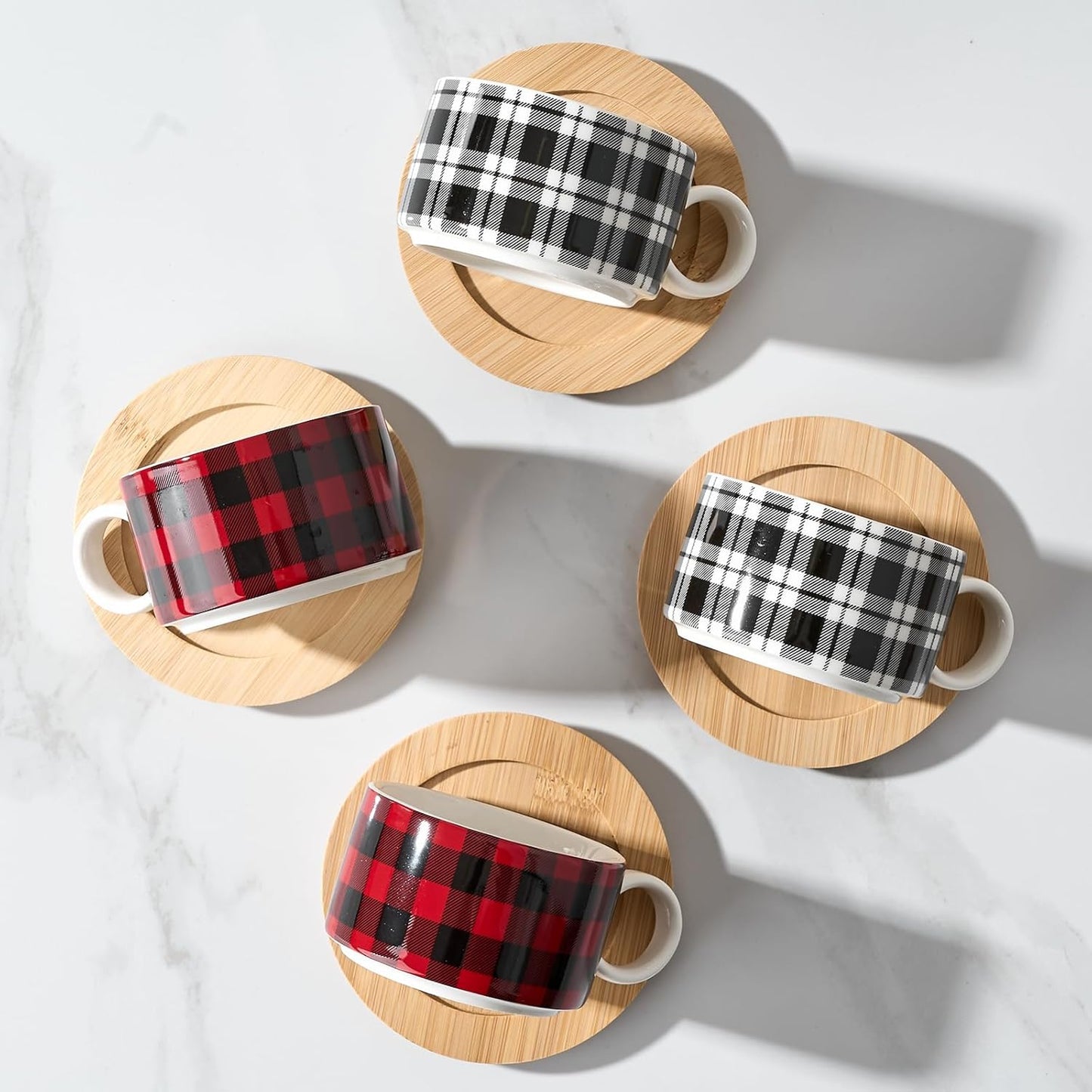 LUKA Porcelain Espresso Cup with Metal Stand,6 Ounce Stackable Ceramic Demitasse Espresso Mugs Cappuccino Cups Set for Latte,Coffee,Cafe Mocha,Tea - Set of 4 (Plaid Red & Gray)