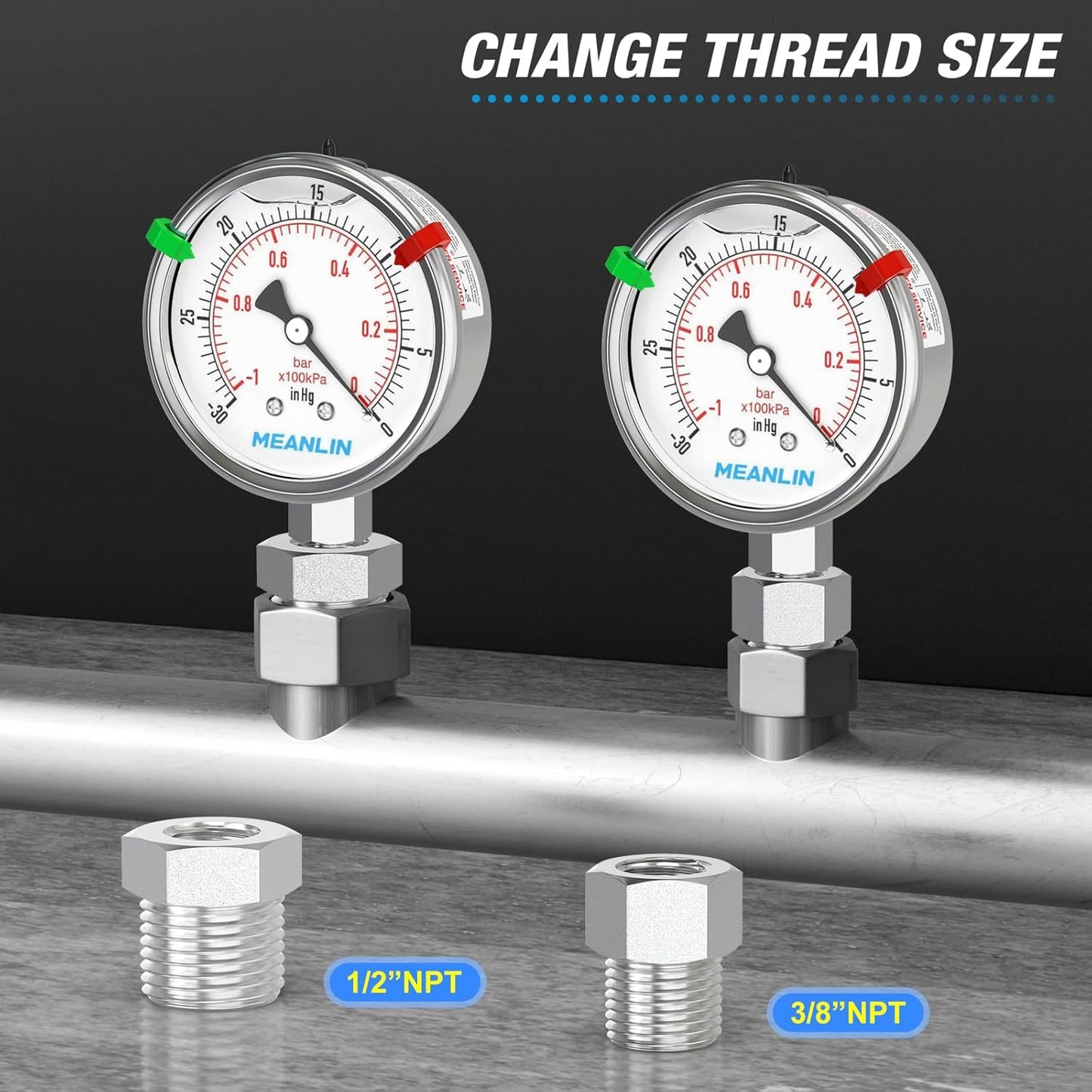 MEANLIN MEASURE -30inHG~0Psi Vacuum Pressure Gauge 316 Stainless Steel Joint 1/4"NPT 2.5"FACE DIAL, Liquid Filled Pressure Gauge WOG Water Oil Air Lower Mount with Stainless Steel Hex Bushing, Snaps