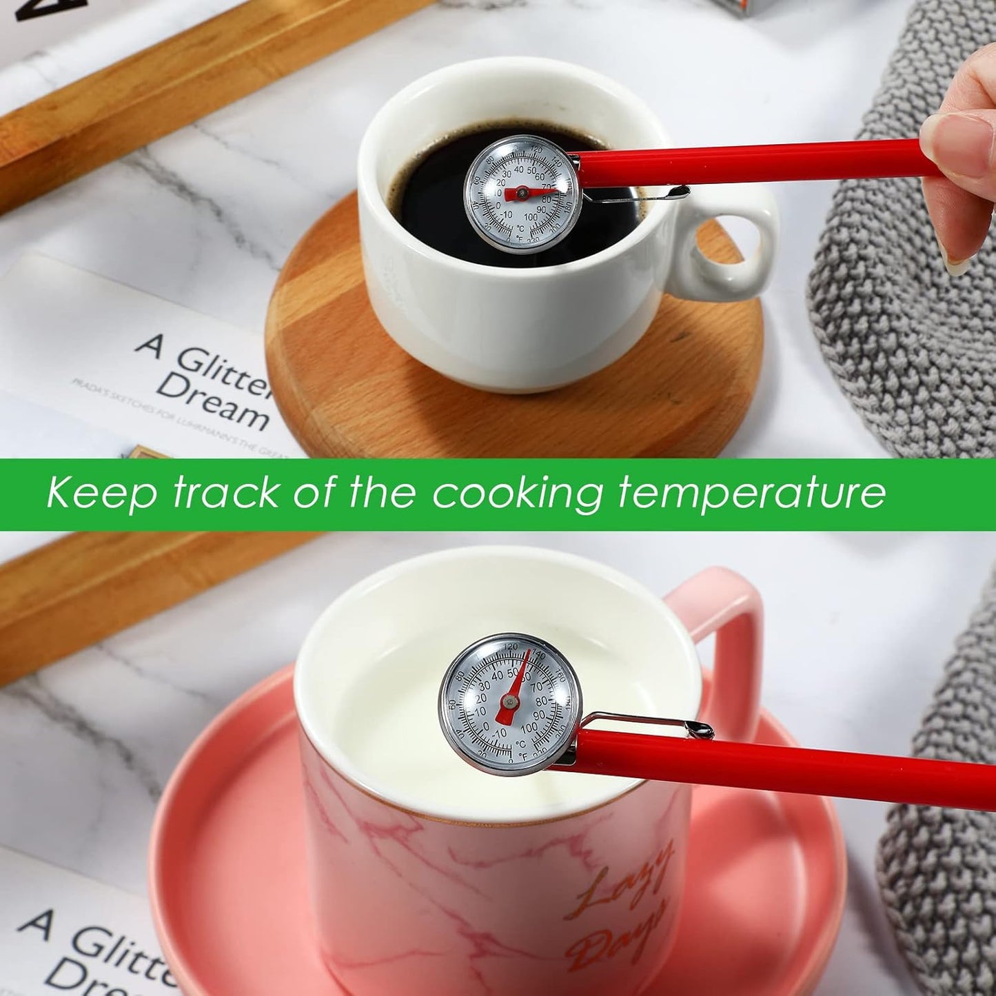Xuhal 3 Pcs Stainless Steel Kitchen Thermometer with 5 Inch Long Stem 1 Inch Dial Thermometer Milk Frothing Food for Oven Probe Meat Grill BBQ Cooking Chocolate Water (Red,Black,White)