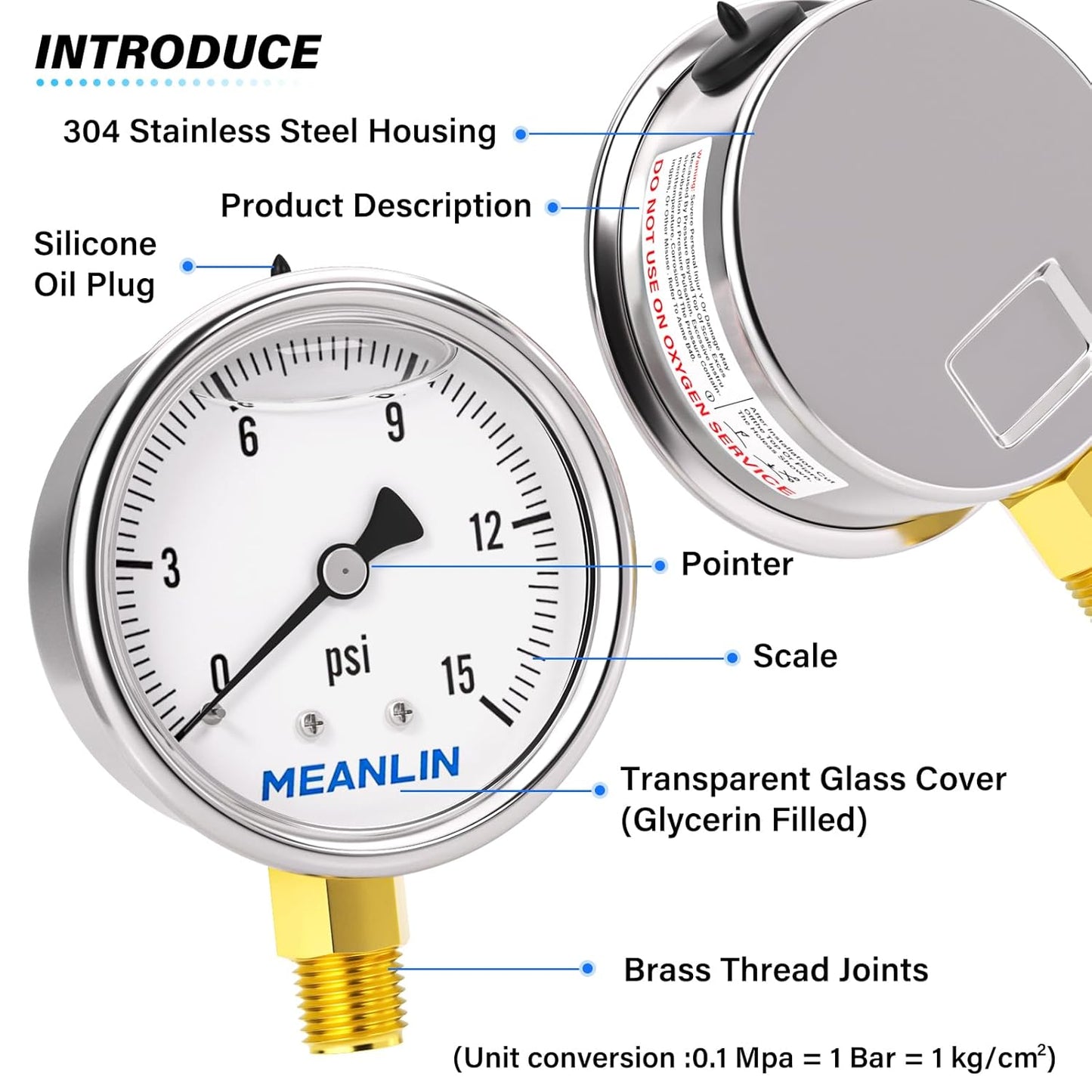 MEANLIN MEASURE 0~15Psi Stainless Steel 1/4" NPT 2.5" Single Scale FACE DIAL,Glycerin Filled Pressure Gauge, WOG Water Oil Air Lower Mount, with 1/4" x 1/2" NPT and 1/4" x 3/8" NPT Hex Bushing