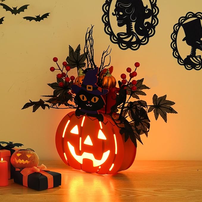 Halloween Pumpkin Decorations, Lighted Jack-O-Lantern with Maple Leaves Berries Black Cat, Halloween Door Sign Wood Pumpkin Lights for Front Door Indoor Outdoor Yard Party Cartoon Hanger Decor