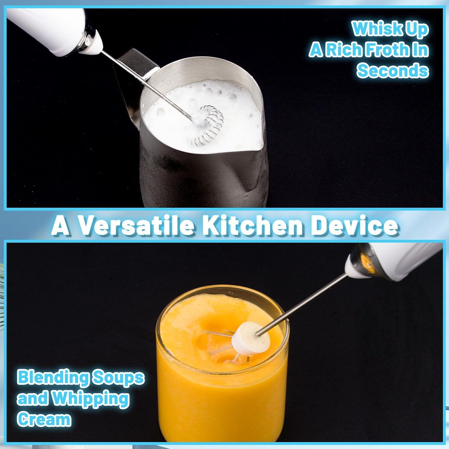 Tonjin Milk Frother with USB-C Rechargeable Wand & 2 Stainless Whisks, Upgraded 3 Speeds Electric Drink Mixer for Coffee, Egg, Matcha