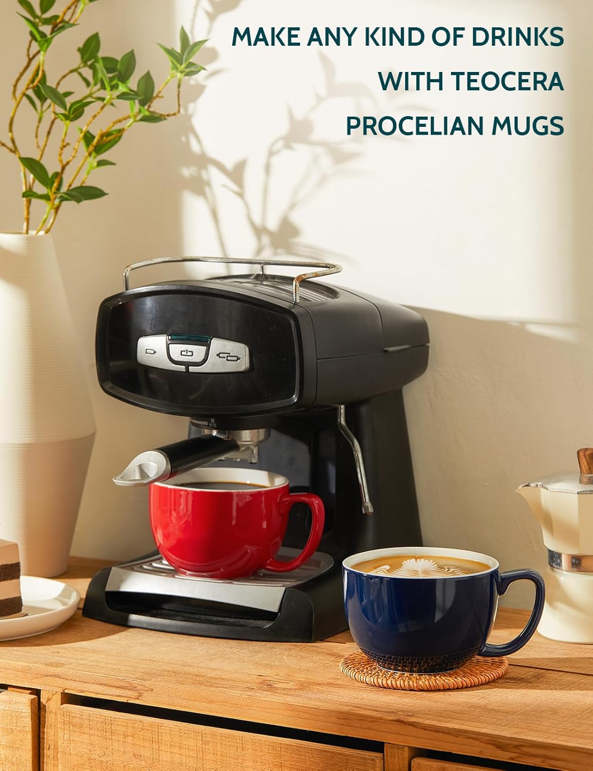 Teocera 16oz Large Coffee Mugs Set of 4 - Thick White Porcelain Cups for Cappuccino, Latte, Tea & Hot Chocolate - Dishwasher Safe Ceramic with Comfort Grip Handles（Navy