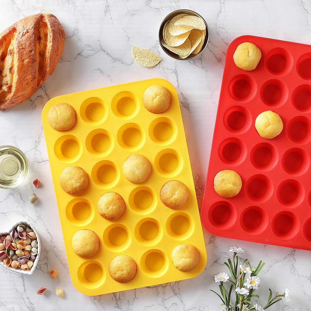 2PCS Silicone Mini Muffin Cupcake Pan, Non-Stick 24-Cavity Silicone Muffin Pans for Baking, Great for Making Muffin, Cakes, Tart, Bread, BPA Free, Dishwasher Safe (Red+Yellow)