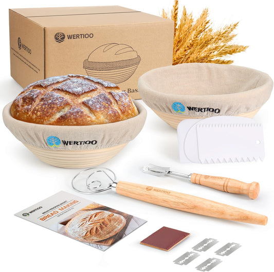 Banneton Bread Proofing Basket Set of 2, 9 Inch Round Sourdough Proofing Basket, Sourdough Starter Kit, Sourdough Bread Baking Supplies with Dough Scraper, Danish Dough Whisk, Bread Lame, Bowl Scraper