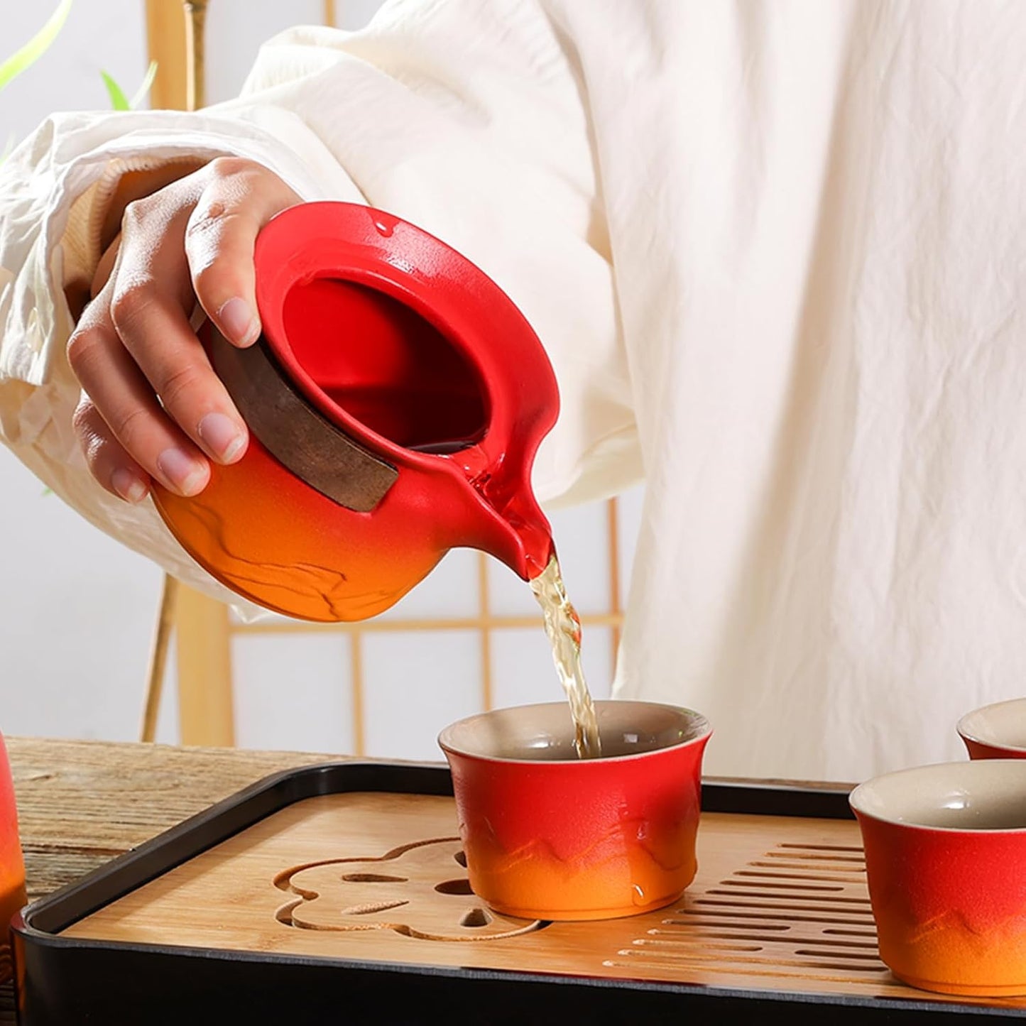 LURRIER Gongfu tea sets, Portable Ceramic TeaSet, Asian Tea sets for adult, Tea Gift sets, Grey leather case, Portable Travel Bag,Home,Gifting,Outdoor and Office(Red and Orange)