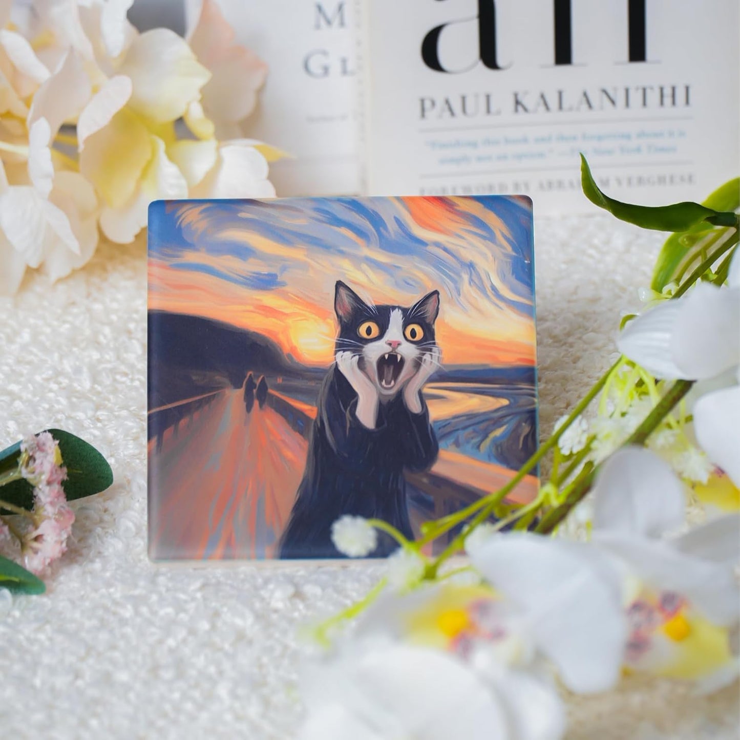 Ceramic Coasters Set of 4 – Square Drink Coasters with Cork Backing, 3.9x3.9 Inches – Decorative Printed Designs for Home, Office, or Gift Use (Gallery Cats)