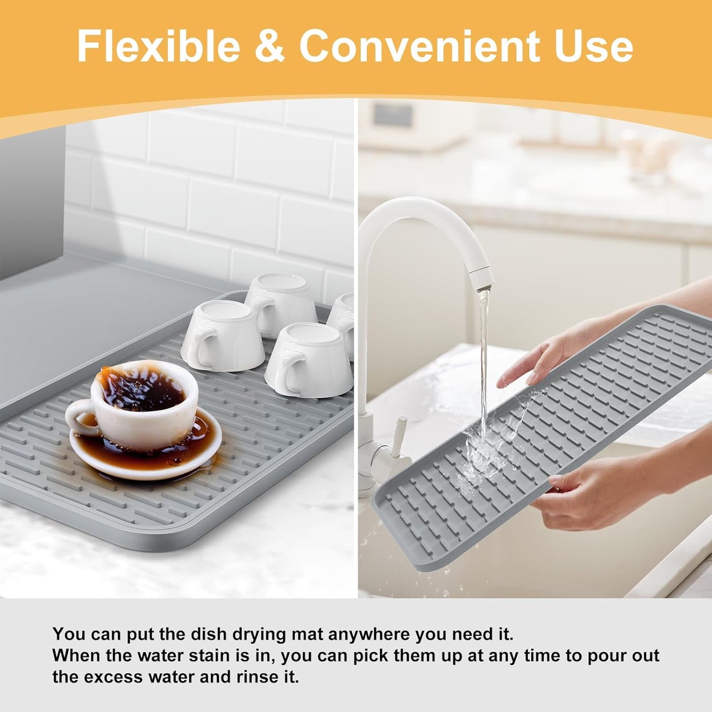 Silicone Coffee Mat, 24'' x 16'' Bar Mat with Detachable Dish Drying Mat for Countertops, Fits Under Coffee Maker, Machine, Espresso Machine, Dish Rack