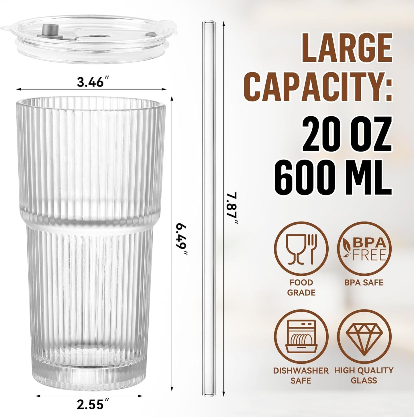 20 oz Glass Cup with Lid and Straw, Glass Tumbler with Straw and Lid, Vintage Glassware for Whiskey Cocktail Beer, Iced Coffee Cups with Lid (1 PACK)