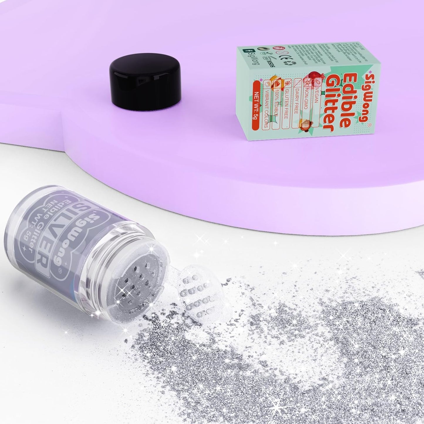 Silver Edible Glitter - 5g Food Grade Cake Decorating Shimmering Glitter, Edible Sprinkle Luster Dust for Drinks, Chocolates, Fondant, Strawberries, Cupcakes, Candy, Cookie - Vegan