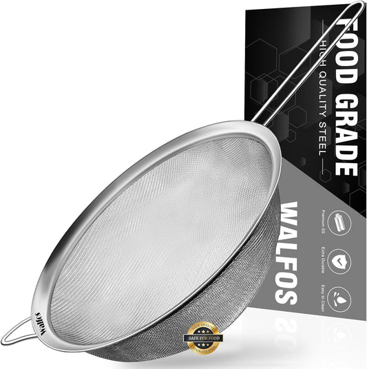 Walfos 8.6 Inch Large Fine Mesh Strainer, Kitchen Metal Food Strainers with Sturdy Handle, Stainless Steel 30 Mesh Sieve Sifters for Rice, Quinoa, Pasta, Fruits, Vegetables, etc.