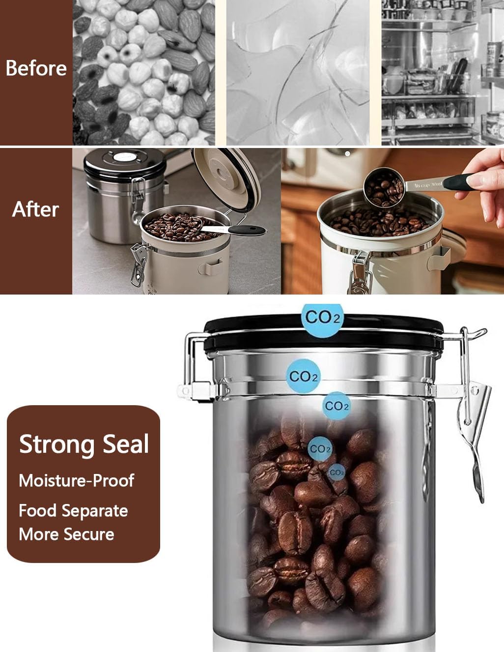 Coffee Canister Airtight Storage Container Stainless Steel Air Tight Coffee Jar with Scoop, Date Tracker CO2 Release Valve for Dry Food, Beans, Ground, Tea, Flour, Cereal and Sugar (1.8L-Silver-2pcs)