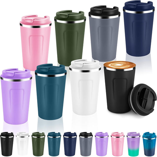 Volhoply 12 oz Double Wall Insulated Vacuum Travel Coffee Mug with Flip Lid Bulk 8 Pack,Reusable Stainless Steel Leak Proof Coffee Cup,Portable Cafe Thermal Tumbler for Hot Drinks(Assort Color,8 Set)