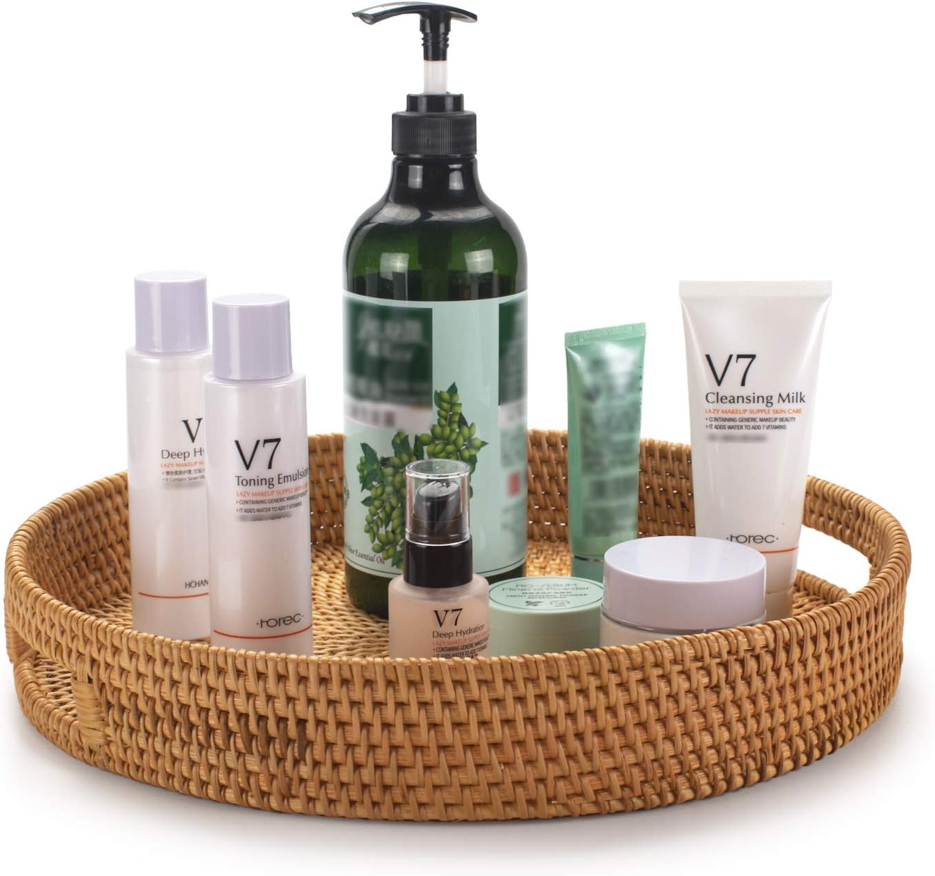 YANGQIHOME Rattan Round Serving Tray, Decorative Coffee Table Tray, Hand Woven Serving Basket with Handles, Ottoman Wicker Fruit/Bread Serving Basket, 13.8 inch