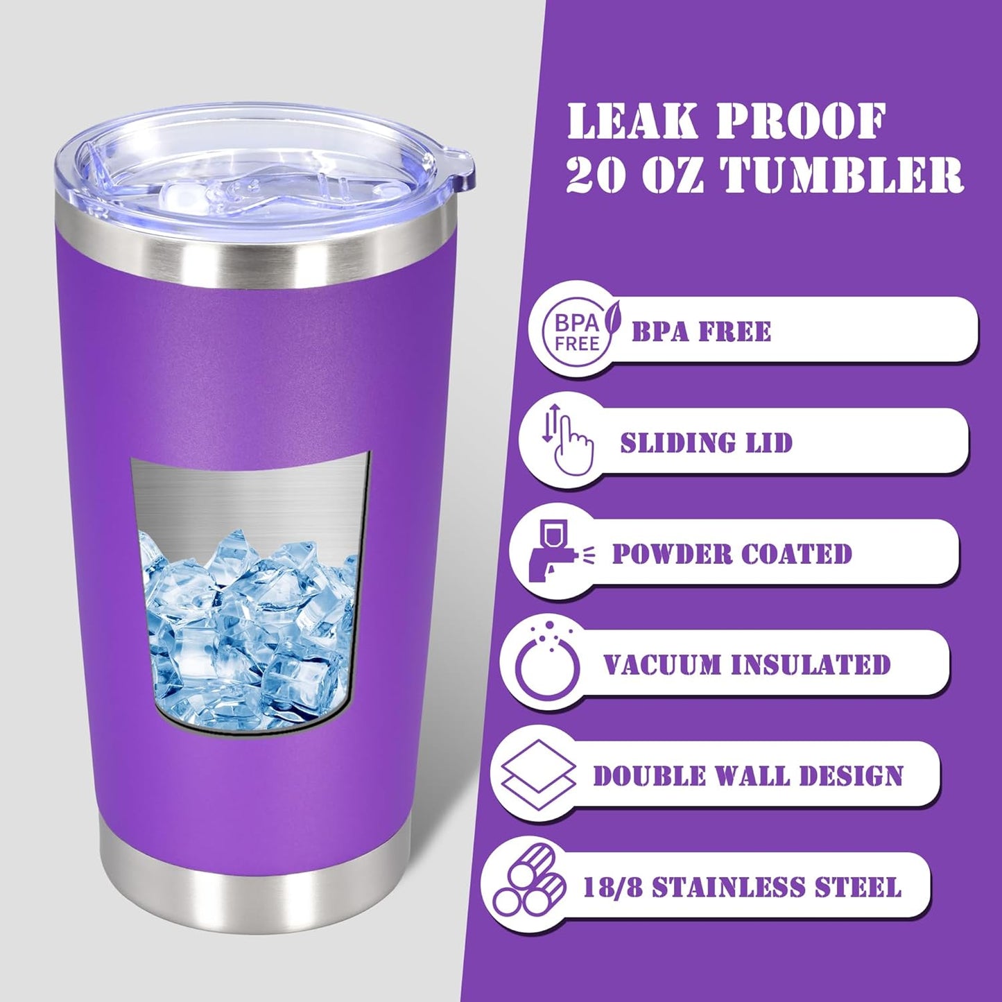 20 oz Tumbler with lid Double Wall Vacuum Insulated Tumblers Stainless Steel Coffee Mug Travel Coffee Tumbler Powder Coated Tumbler Cup Keep Hot&Cold - (PurPle 1 Pack)