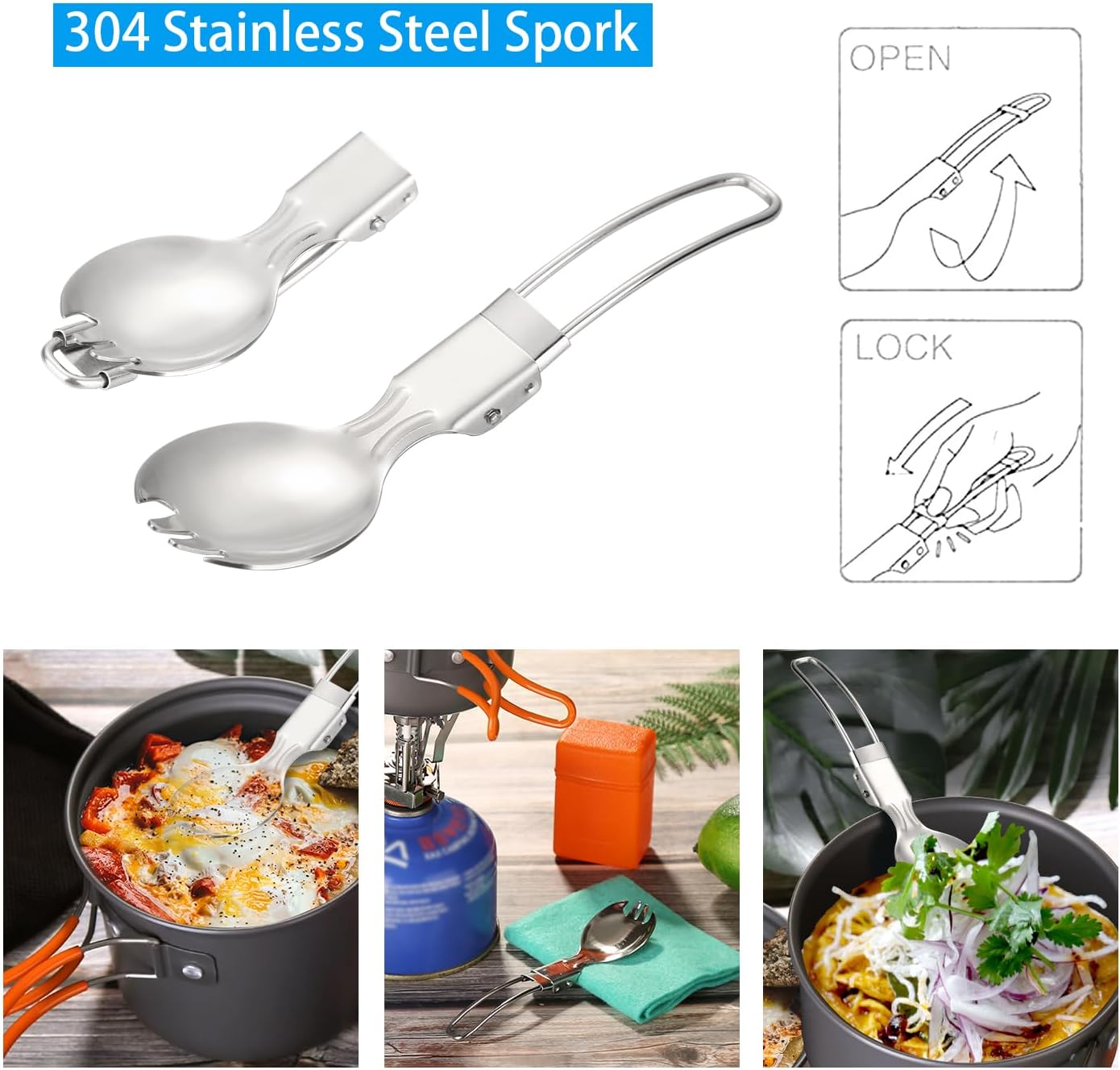 Odoland 6pcs Camping Cookware Mess Kit with Lightweight Pot, Stove, Spork and Carry Mesh Bag, Great for Backpacking Outdoor Camping Hiking and Picnic