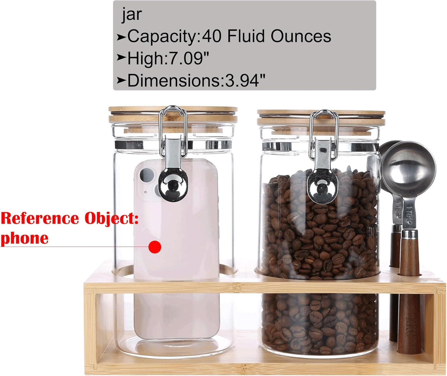 KKC Glass Coffee and Sugar Containers with Airtight Hinged Lids,Sealed Glass Jar Canisters with Scoops for Ground Coffee,Beans,Loose Leaf Tea,Nuts,Matcha,40 Fl oz