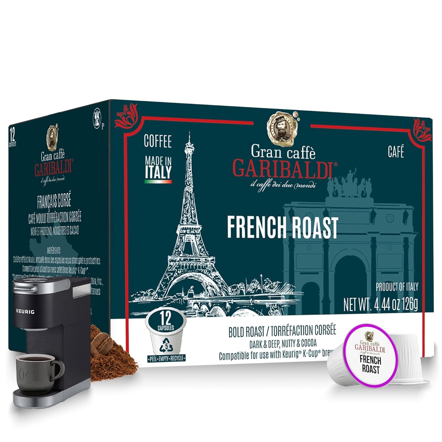 Caffè Garibaldi French Roast Coffee Pods, Single-Serve Capsules for Keurig K-Cup Brewers, Single Serve Cups, 100% Arabica Blend for Coffee Makers, 12 Count Recyclable Pods - Dark Roast
