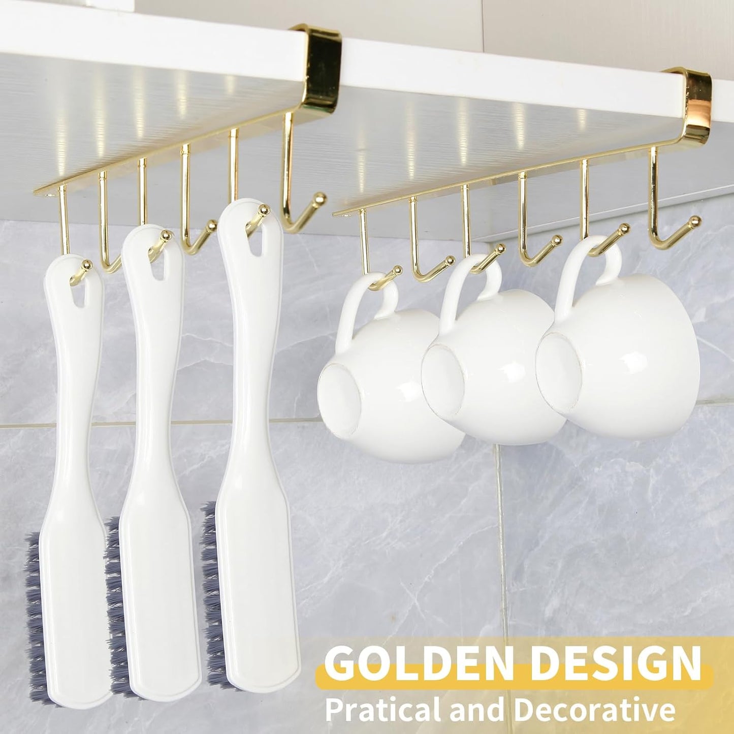 2pcs Mug Organizer for Kitchen Cabinets,Under-Shelf Coffee Cup Mug Rack with 6 Hooks,Fit for 1.1 Inch Thickness Shelf or Less,Suitable for Holder Hanger for Cups/Keys Storage/Scarf.Gold