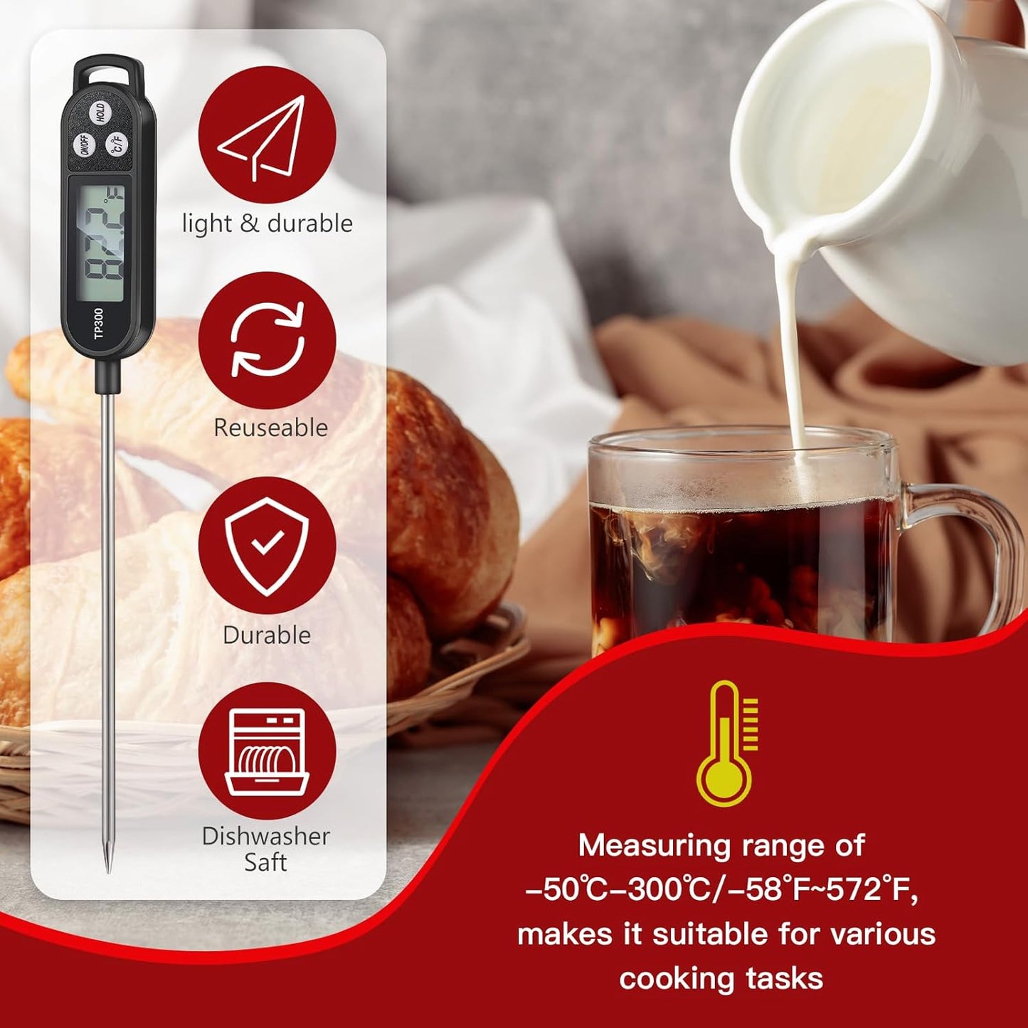 12 Pcs Meat Food Thermometer Food with Probe Water Liquid Instant Read Digital Thermometer Kitchen Cooking Supplies for Cooking BBQ Milk Yogurt (Black)