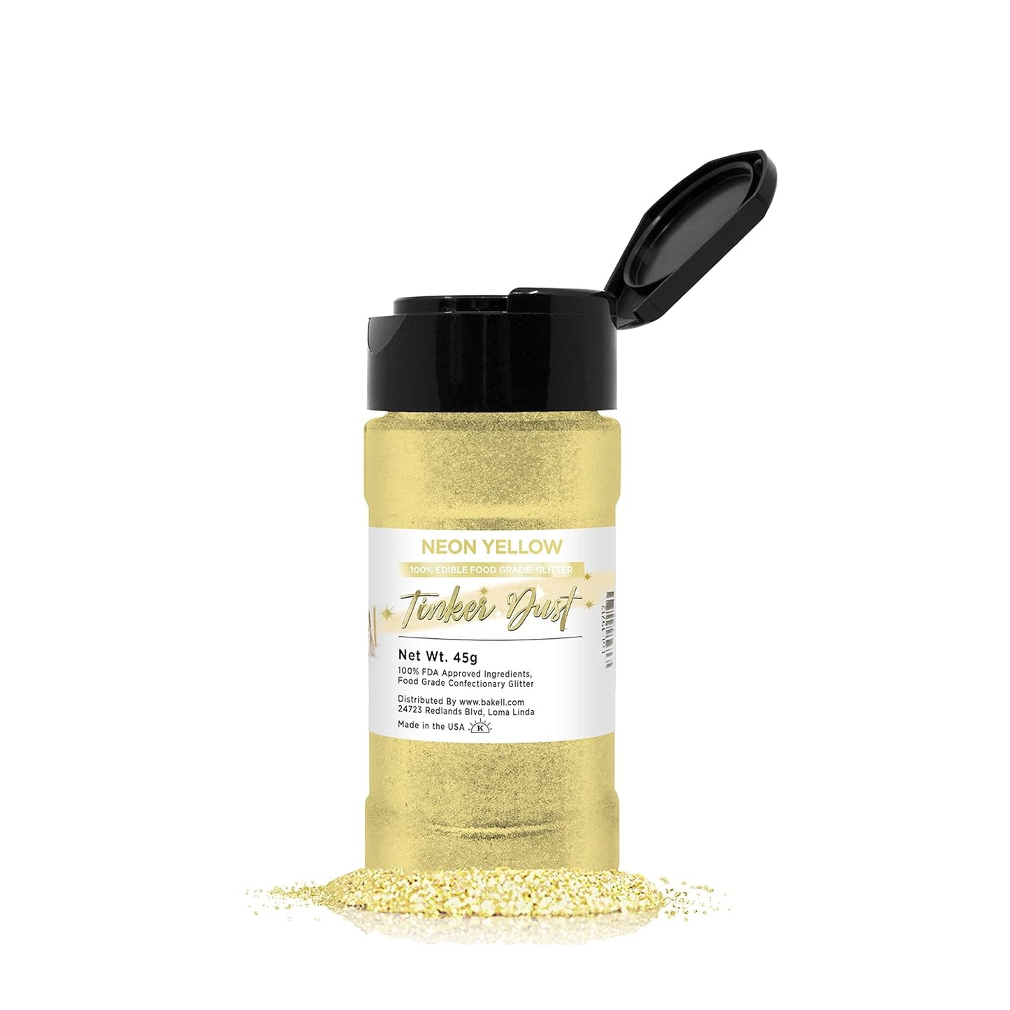 BAKELL Neon Yellow Edible Glitter, 45 Grams | TINKER DUST Edible Glitter | KOSHER Certified | 100% Edible Glitter | Cakes, Cupcakes, Cake Pops, Drinks, Dessert Vegan Glitter & Dusts (45g Shaker, Neon Yellow)
