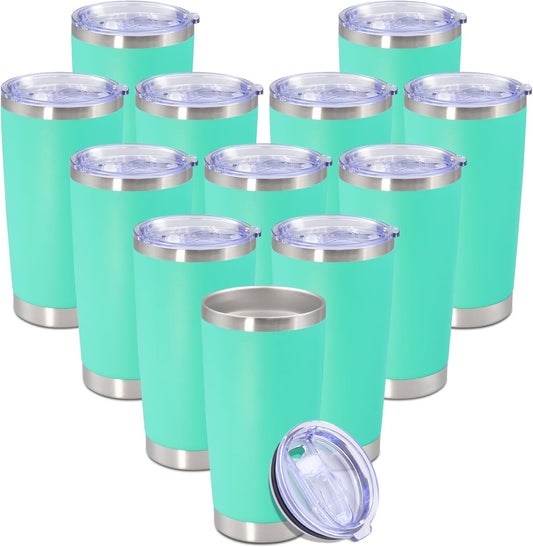 20 oz Tumbler with lid Double Wall Vacuum Insulated Tumblers Stainless Steel Coffee Mug Travel Coffee Tumbler Powder Coated Tumbler Cup Keep Hot&Cold - (Light Blue 12 Pack)