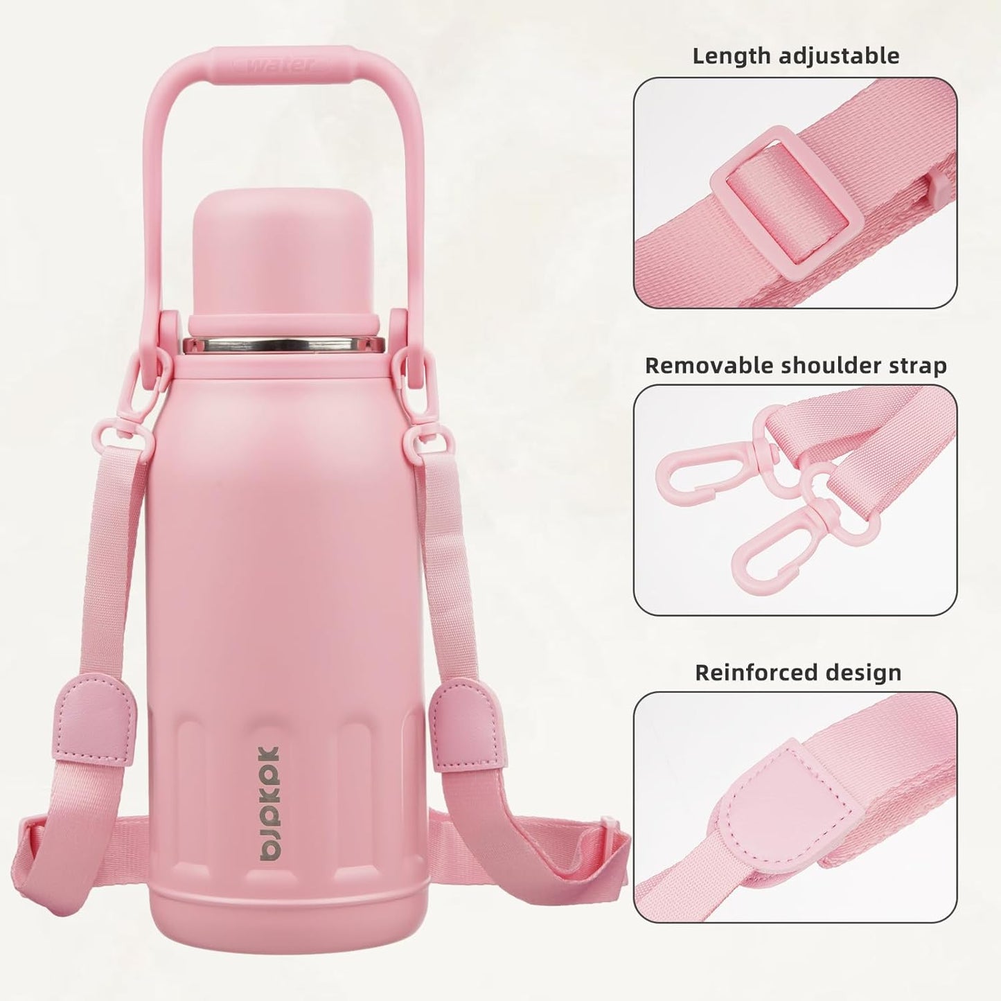 BJPKPK Insulated Water Bottle 40oz Stainless Steel Water Bottles Double Wall with Handle and Cup Lid Travel Metal Thermos,Light Pink