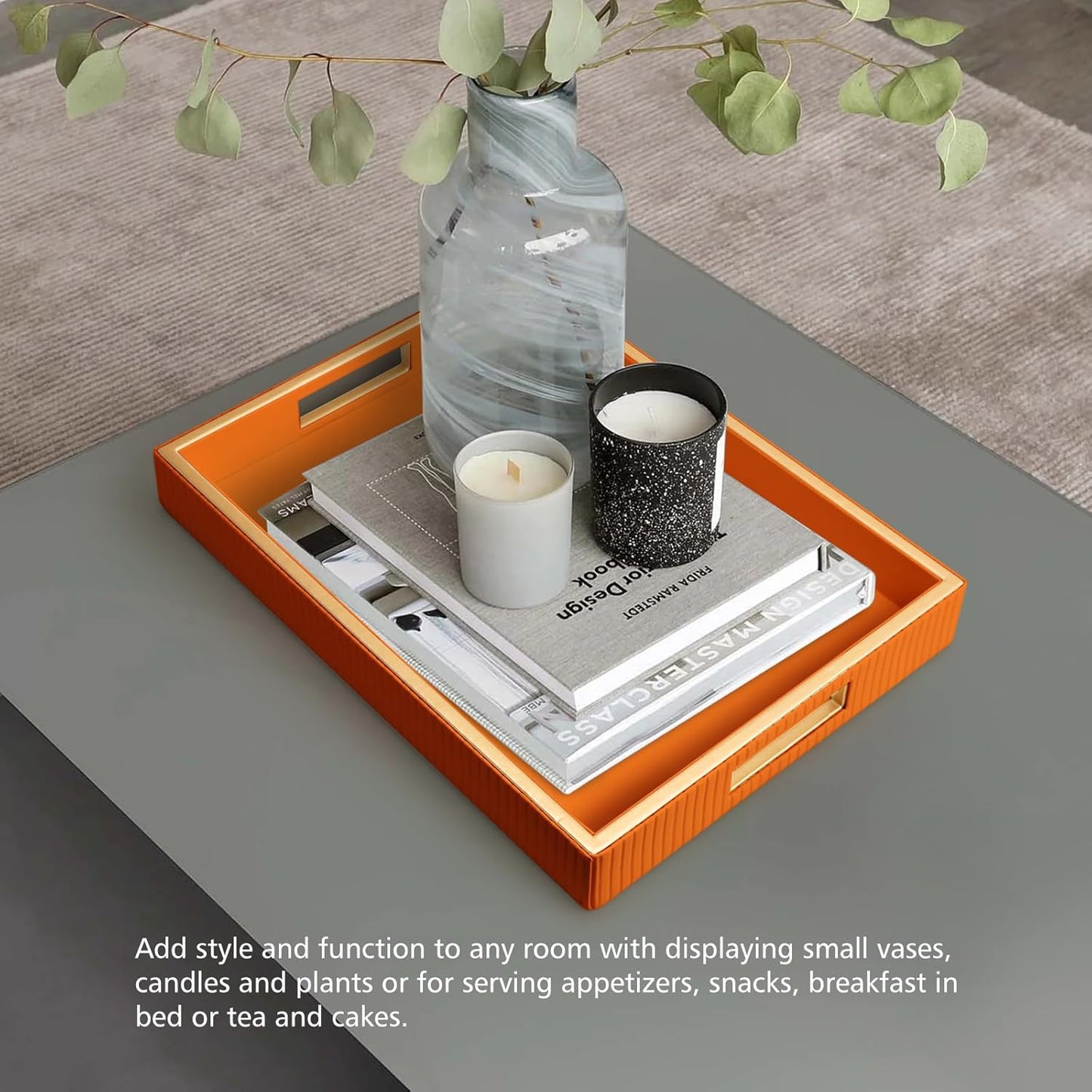 SANZIE Leather Tray Desktop Storage Organizer Premium Serving Tray Decorative Tray Valet Tray for Sundries Cosmetics Phone Wallet Cutlery, Rectangular, Orange