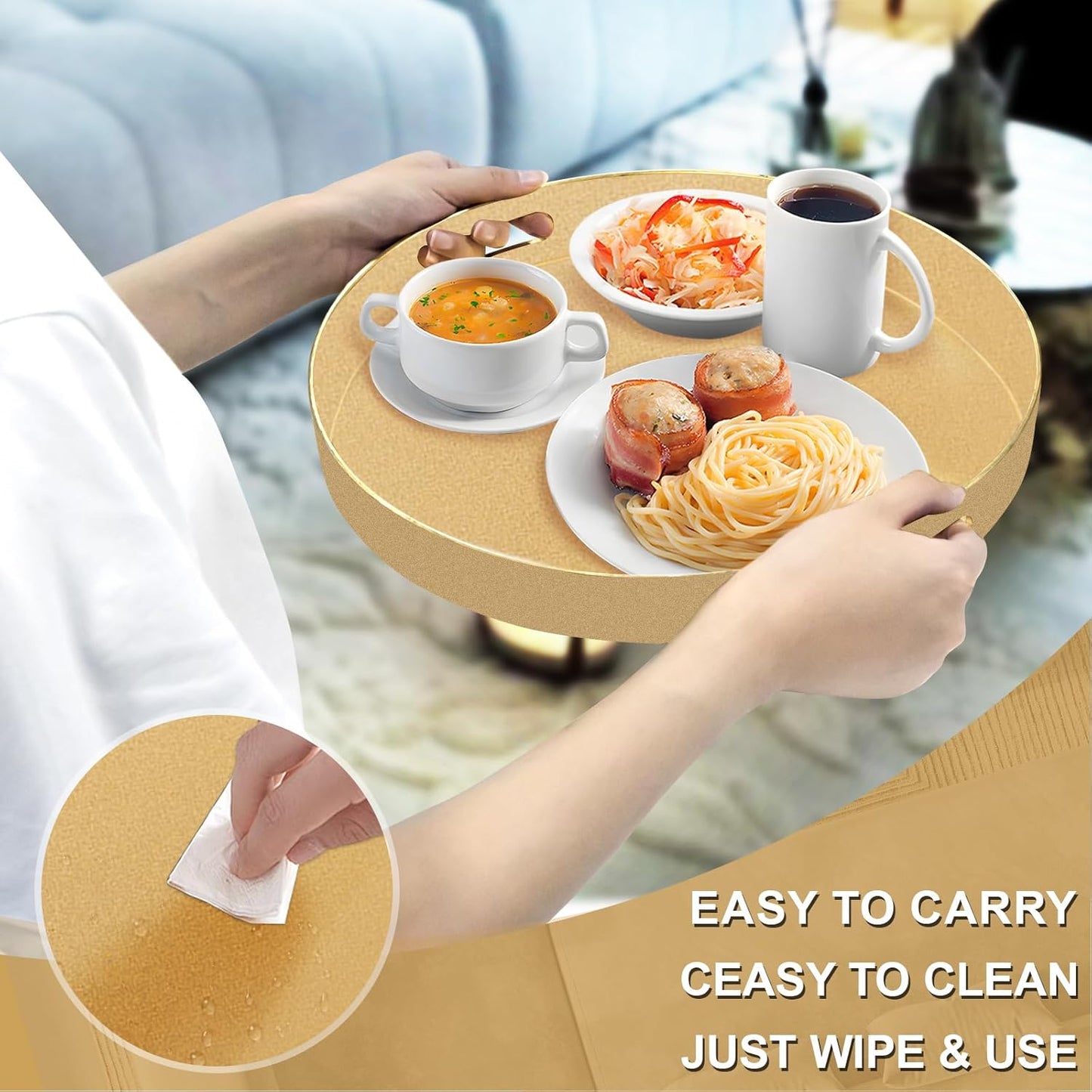 MAONAME 13" Gold Round Decorative Tray for Coffee Table, Modern Serving Tray with Handles, Plastic Ottoman Trays, Bathroom Decor