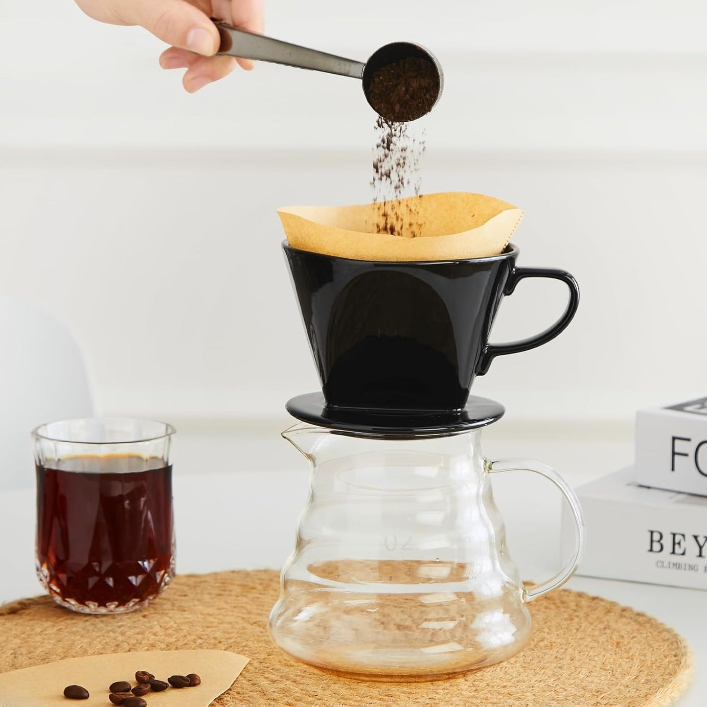 Pour Over Coffee Dripper, Ceramic Pour Over Coffee Maker with 3 Holes Flat Bottom, Easy Manual Slow Brewing, Porcelain Slow Filter Cone for Home, Office, Gift, Size 2, Black