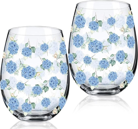 Sliner 2 Pack 17oz Hydrangea Stemless Wine Glasses Spring Summer Floral Drinking Glasses Hydrangea Tumbler Cups for Spring Summer Parties Supplies Birthday Gift